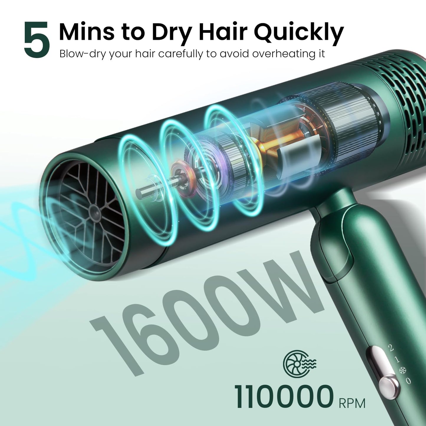 MattTravel Foldable Hair Dryer, Fast Drying Ionic Blow Dryer, Travel Hair Blow Dryer with Removable Nozzle and Storage Bag, Lightweight Portable Hairdryer for Women, Green