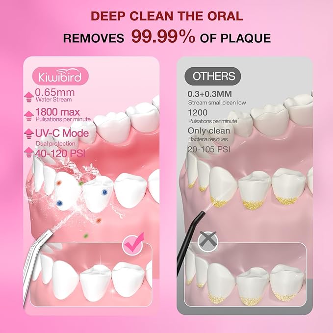 KIWIBIRD Water Dental Flosser with UV-C Sanitization, Cordless Oral Irrigator, 3 Modes & 4 Tips, 300ML BPA-Free Tank, 40-120PSI Portable Teeth Cleaner for Plaque, Home & Travel Use (Pink Ombre)