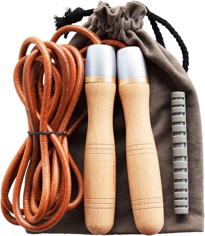 Ahomie Leather Jump Rope, Adjustable Skipping Jumping Ropes, with Rotary Bearing and Pure Wood Handles, for Gym & Home Fitness Workouts