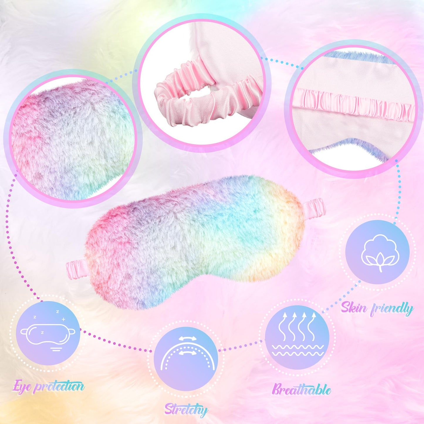 Geyoga 24 Pcs Plush Sleep Eye Mask Silk Furry Eye Covers for Sleeping Cute Sleep Mask Fluffy Comfortable Sleeping Blindfold for Travel Sleepover Nap Party Supply Girls Women, Rainbow Color