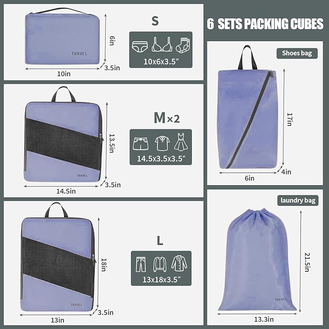 Compression Packing Cubes for Travel, Vacation Travel Essentials, Travel Accessories for Suitcase Organizer Bags Set, Space Saving Luggage Organizer Travel Bags (indigo)