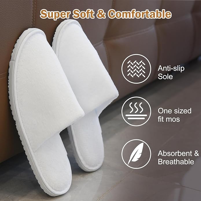 AQUEENLY 6 Pairs Disposable Spa Slippers for Guests, Hotel Slippers, Non-Slip Indoor Slippers for Women & Men, White Grey, Size 9.5-10.5 Women/11-11.5 Men