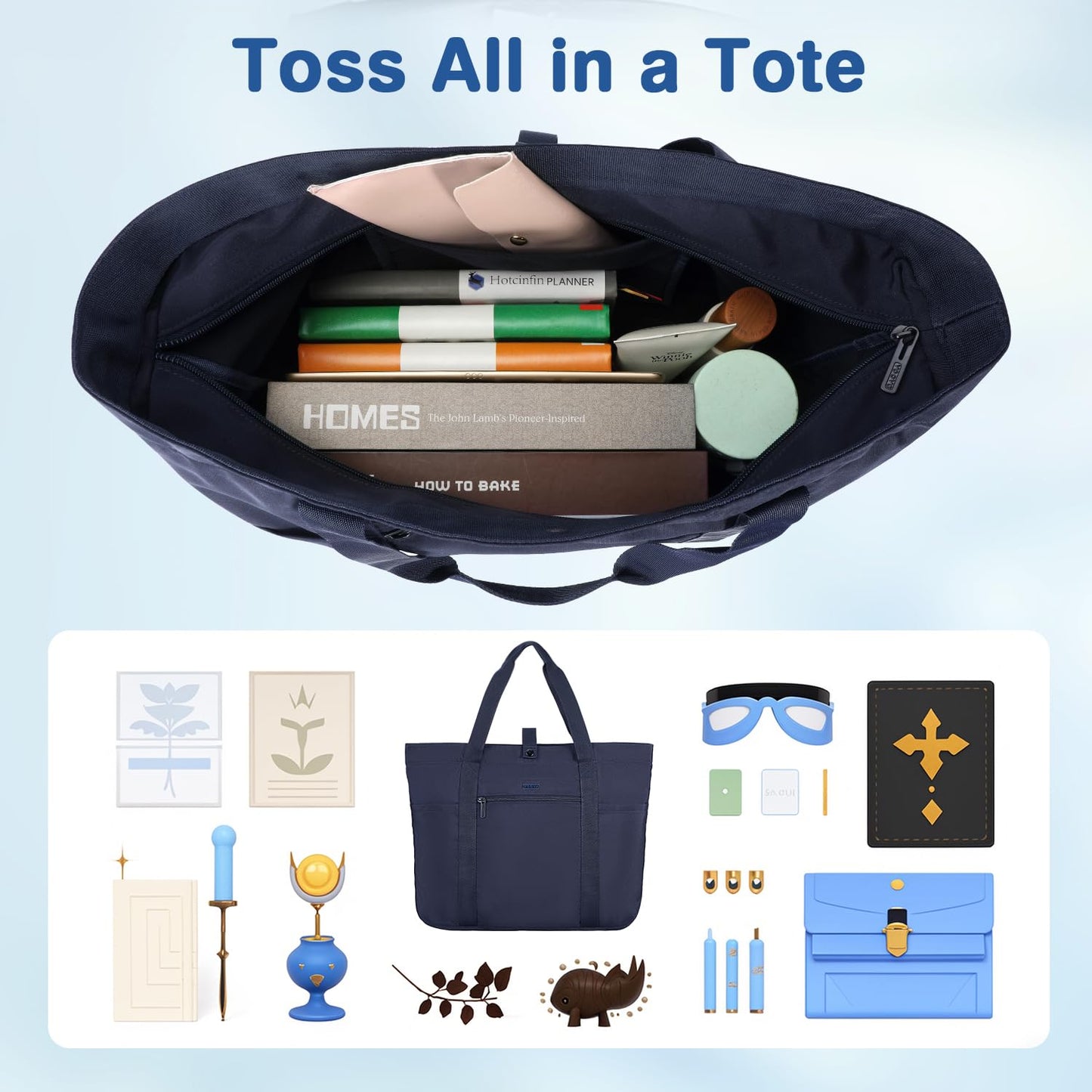 Voova Tote Bag for Women, Large Capacity Tote Bag with Zipper, Foldable Shoulder Bag Handbag for Work,Travel,Shopping,Beach, Navy Blue