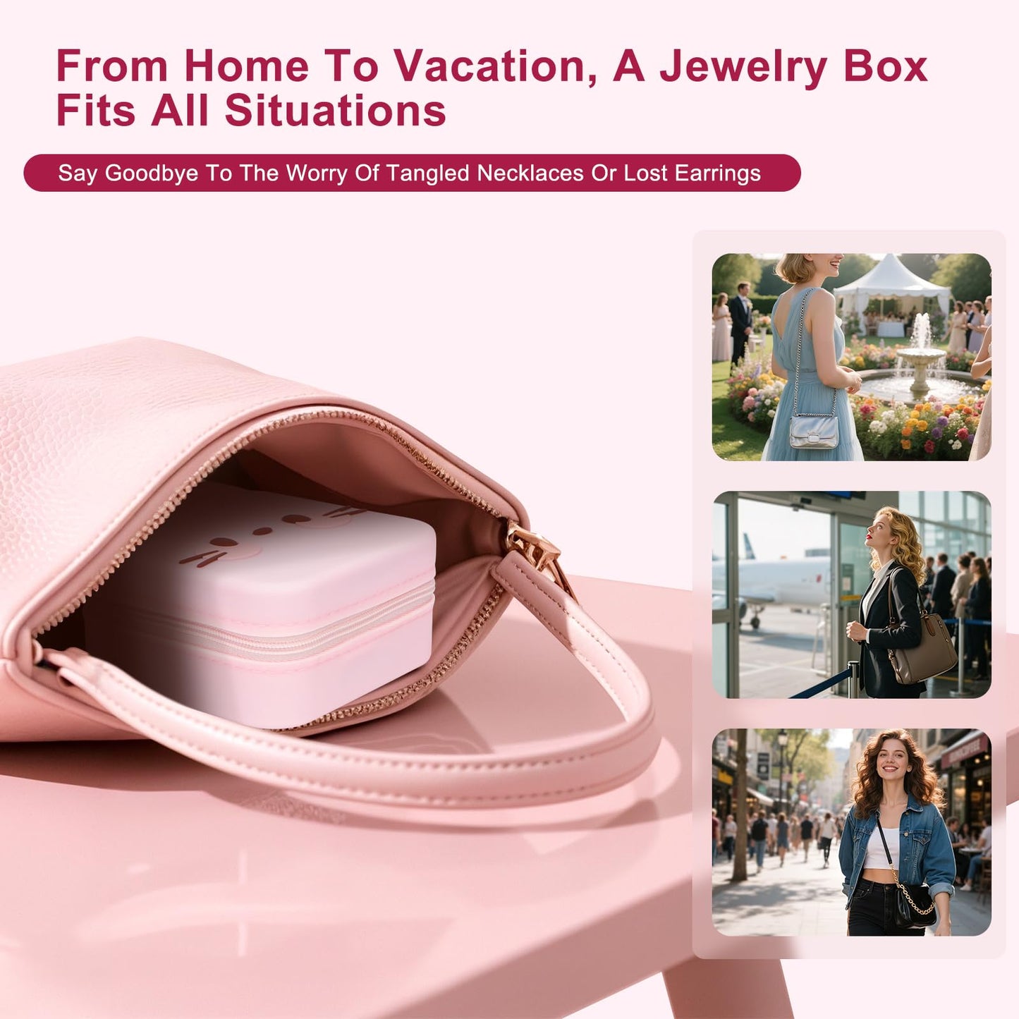 Tizuxa Cute Cat Travel Jewelry Case with Mirror, Silicone Portable Mini Small Jewelry Box Organizer for Women Girls Mom, Wedding, Birthday Gift - Pink