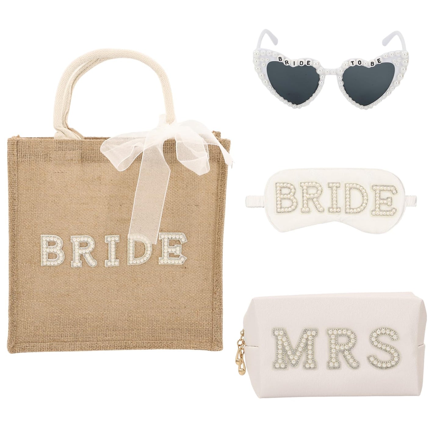 TURAOHU 4 Pcs Bride to Be Gift Set - Bride Tote Bag for Wedding Day, MRS Cosmetic Bag, Bridal Sunglasses, Eye Mask for Bachelorette Party Engagement Honeymoon Bridal Shower Gift