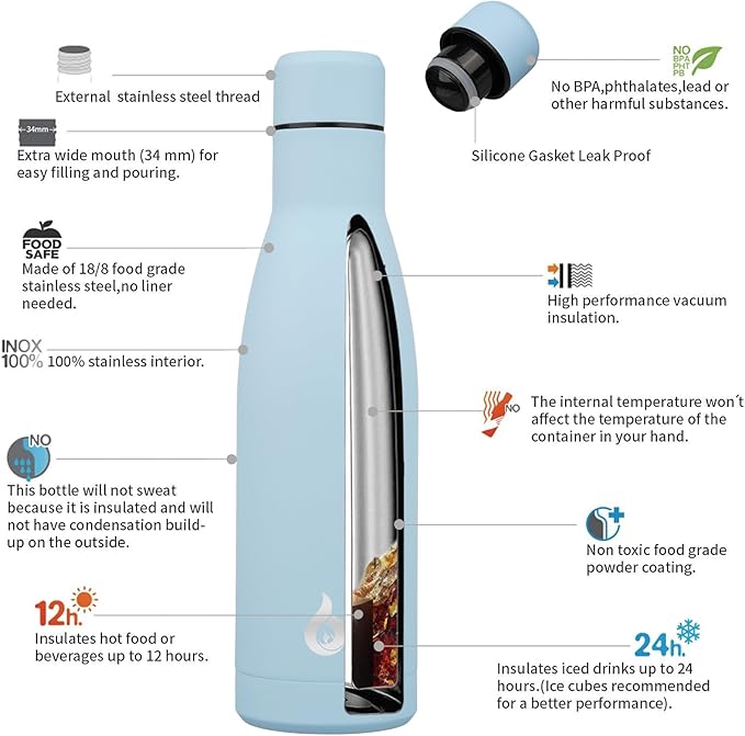 BJPKPK Insulated Water Bottle 17oz Stainless Steel Water Bottles Dishwasher Safe Metal Thermal Keep Cold and Hot,Sky Blue