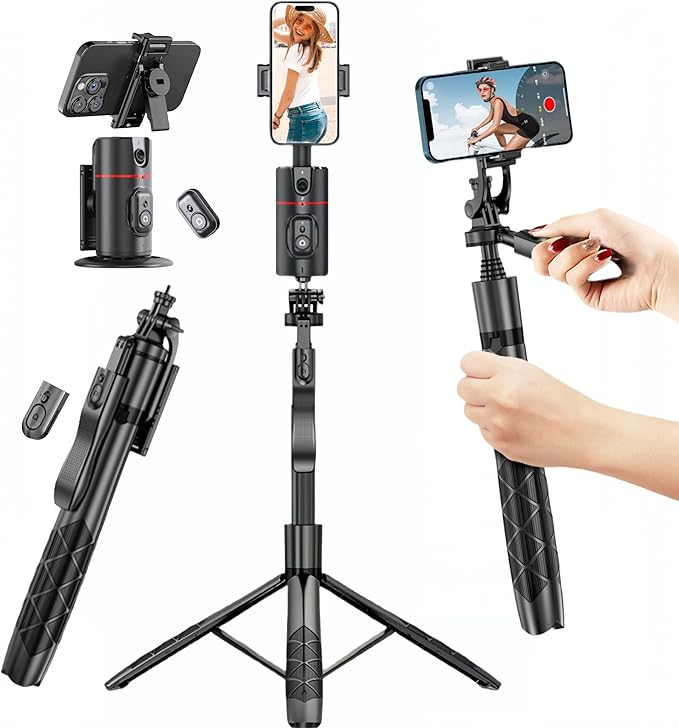 Auto Face Tracking Tripod, 360° Rotation Face Body Tracking Phone Holder, Rechargeable Smartphone Camera Mount Remote & Gesture Control with Adjustable Selfie Stick Tripod Stand for Phone Camera GoPro