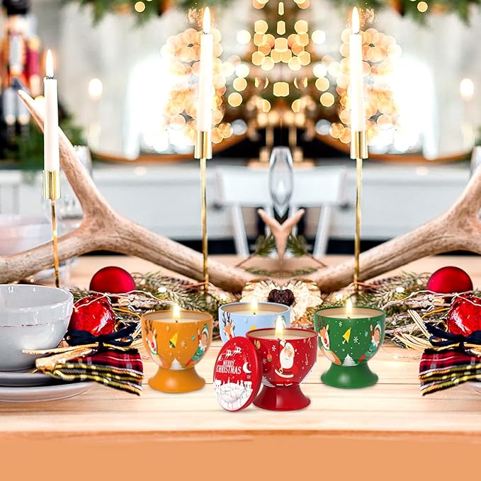 Set of 4 Christmas Snowman Santa Claus Scented Candles Gift Set for Home Women, 4.4oz Natural Soy Wax Strong Cedar, Lavender, Apple&Cinnamon and Vanilla&Jasmine Aromatherapy Candles