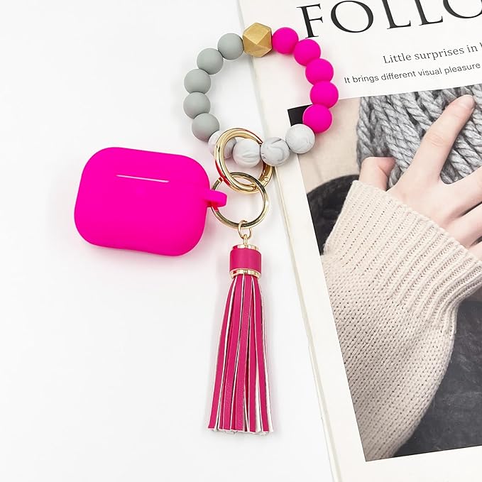 Compatible with Airpods Pro Soft Silicone Case Cover with Bracelet Keychain for Apple Airpod Pro 1st Generation Case for Women (Hot Pink)