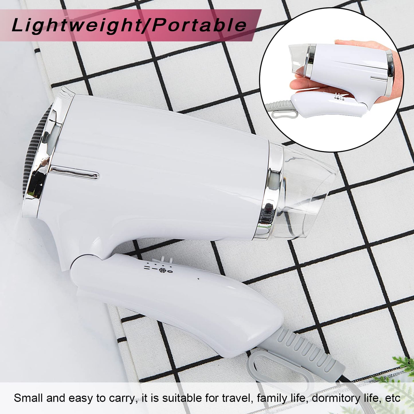Travel Hair Dryer Folding Hair Blow Dryer Compact Travel Blow Dryer Portabel Small Hair Dryer Heat Settings Lightweight Mini 8x7inch Low Noise (White)