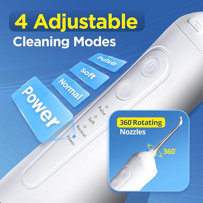 Brezz Water Dental Flosser Pick:Professional for Teeth Cleaning,4 Modes Cordless, Rechargeable IPX 7Waterproof,300ML Large Tank,Electric,Portable Home Travel,5Tips Flossing,Powerful Battery (White)