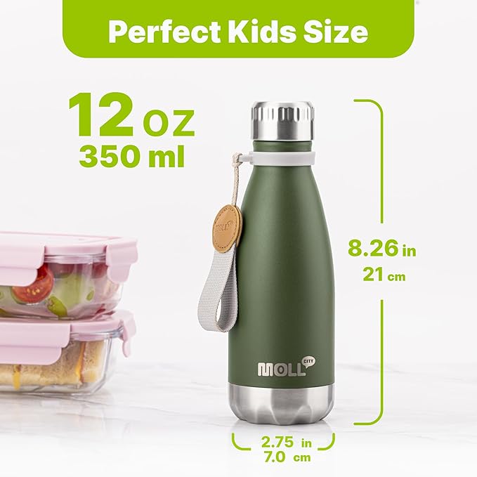 Kids Water Bottle-12 oz Stainless Steel Vacuum Insulated Sports Water Bottle for Back to School- Small Water Bottle for Boys, Leak proof -BPA Free(Grass Green)