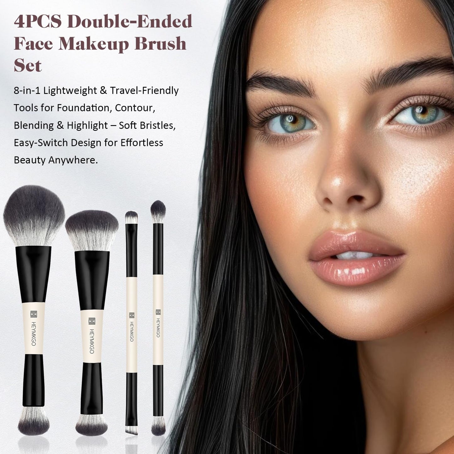 HEYMKGO Makeup Brushes Set, 4Pcs Professional Dual-ended Foundation Contour Power Face Eyeshadow Brush set for Liquid,Cream, Powder for Blending Contouring Makeup Tools- Great for Travel Use, Black
