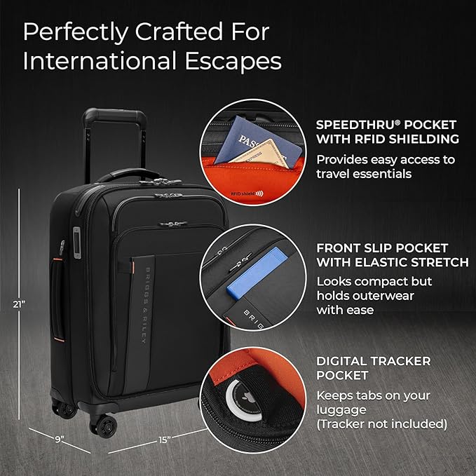 Briggs & Riley International 21" Carry On Expandable Spinner - Luggage for Travel, Suitcases with Wheels, Softside Rolling Bag for Men & Women - ZDX Collection, Black