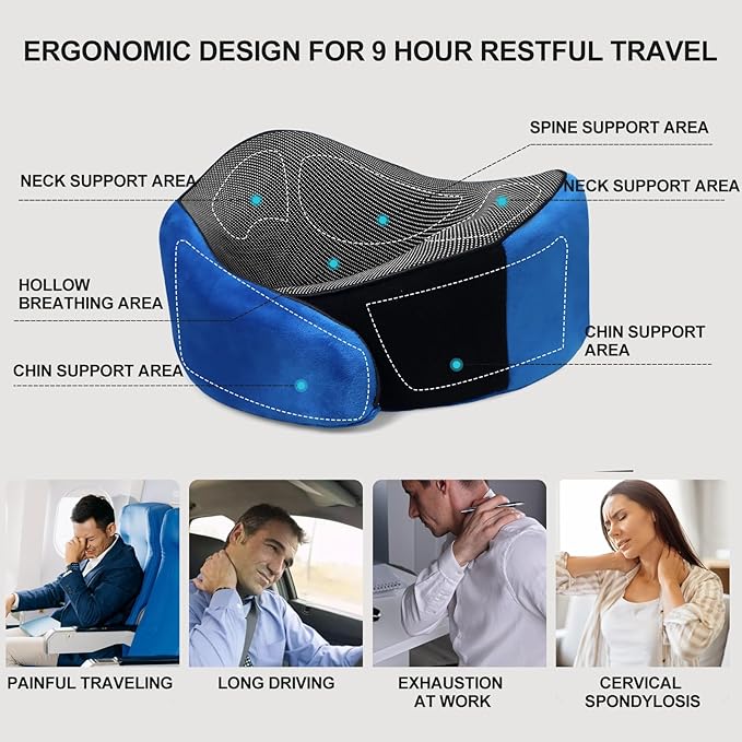 Travel Neck Pillow for Airplanes, 360°Support Neck Pillow for Traveling, Memory Foam Travel Pillows Portable Long Flight Essentials with Washable Cover for Car, Trains, Office (Blue)