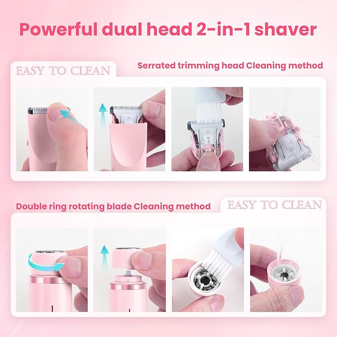 Bikini Trimmer for Women-2 in 1 Dual Head Electric Razors,IPX7 Waterproof Bikini Electric Shaver,Dry & Wet Use Painless Bikini Shaver,Pubic Hair Trimmer for Private Area & Body Hair, Pink