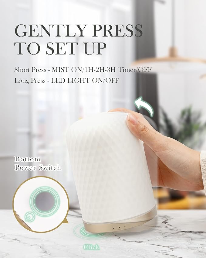 Essential Oil Diffuser,110ML Diffusers for Essential Oils Large Room, Ceramic Diffusers Decorative Ultrasonic Defuzzer, Ideal for Aesthetic Home,Dorm Décor, Yoga,White