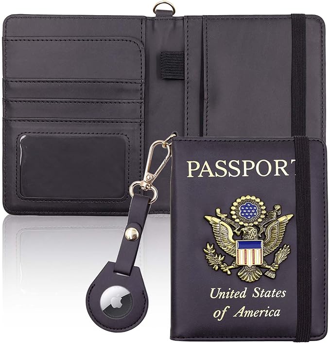 Cnycmy Passport Holder with Airtag,Passport-Wallet-Holder for Women, RFID Passport Holder with Slot Waterproof, PU Leather Travel Passport Case (black1)