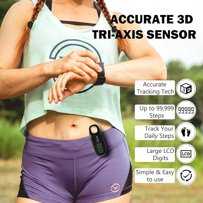 3D Pedometer for Walking with Removable Clip and Carabiner Simple Step Counter for Walking Accurate Clip On Step Tracker for Men Women Kids