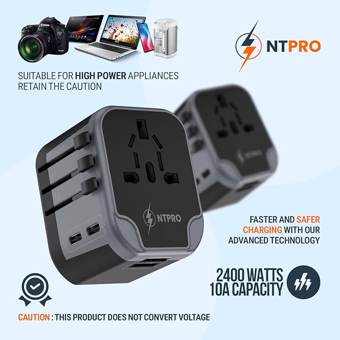 5 in 1 Universal Travel Adapter-10A | International Power Adapter with 2 USB C, 2 USB A Ports | 3.4A & 2400W Fast Portable Charger | Travel Adapter Worldwide Covering 200+ Countries- Black