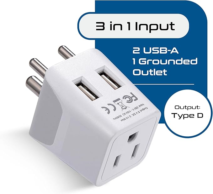 Ceptics India, Nepal, Bangladesh Travel Adapter Plug with Dual USB - Type D - Usa Input - Ultra Compact - Safe Grounded Perfect for Cell Phones, Laptops, Camera (CTU-10)