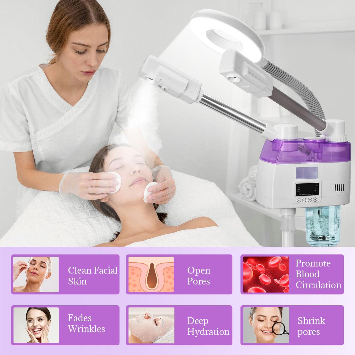 3 in 1 Facial Steamer,Professional Facial Steamer with 5X Magnifying LED Lamp, Esthetician Steamer with Hot & Cold Mist, Face Steamer On Wheels for Salon Spa Beauty Skin Care