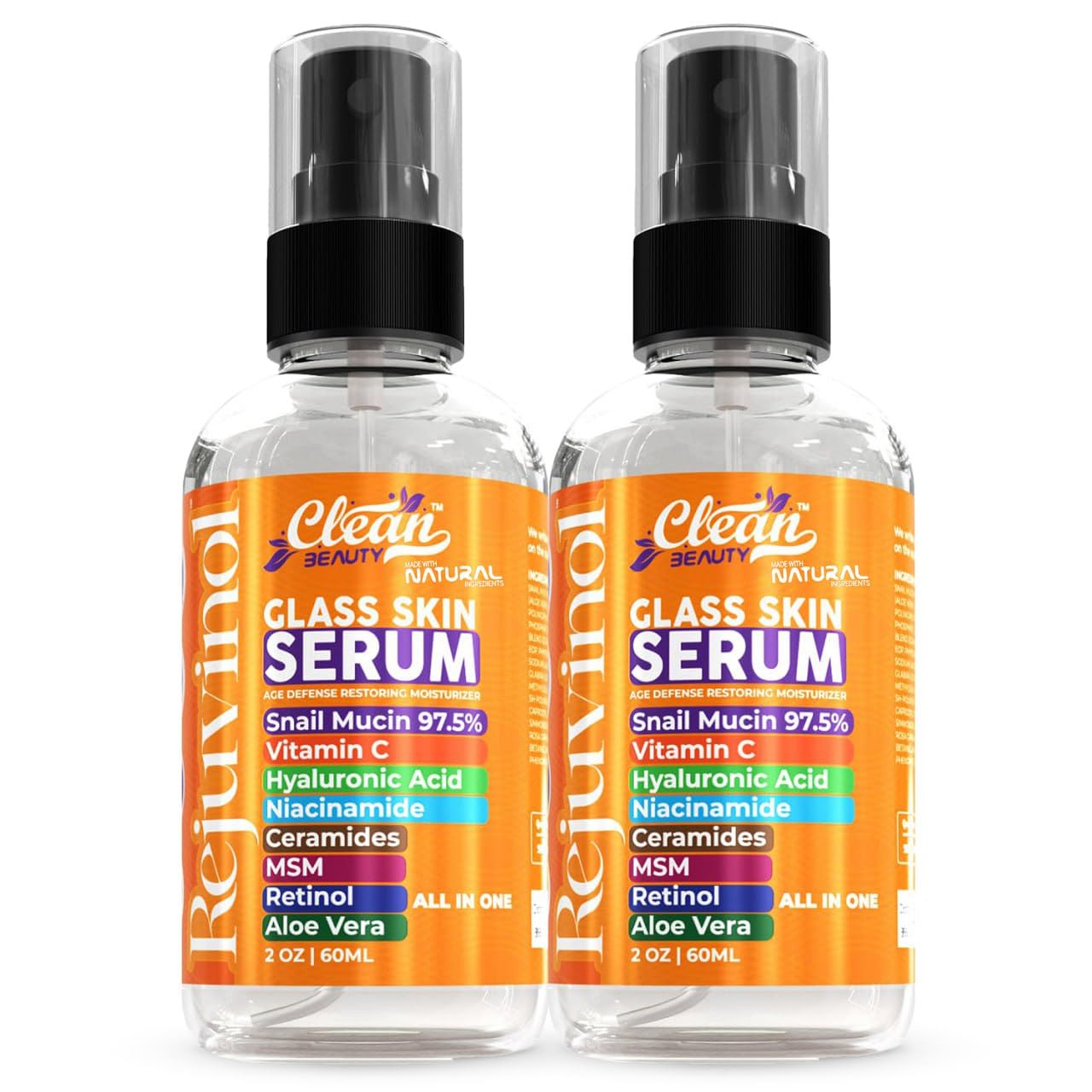 Clean Beauty Snail Mucin Serum Vitamin C Face Serum Anti Aging with Hyaluronic Acid Niacinamide Retinol MSM Aloe Vera & Ceramides - Korean Skin Care Dark Spot Remover for Glowing Skin - Pack of 2
