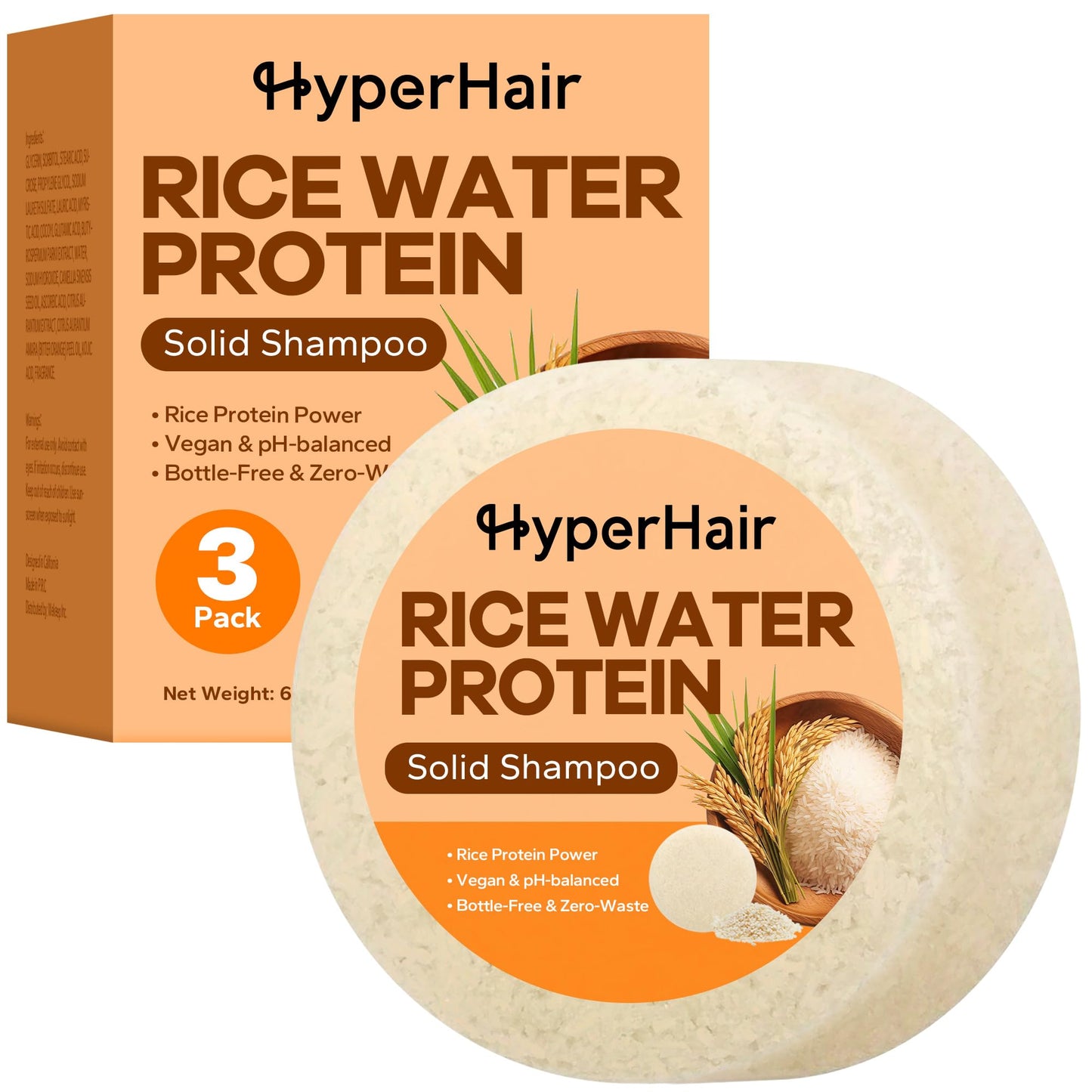 HyperHair Rice Water Shampoo Bar (3 Count), Rice Water Shampoo, Rice Water for Hair Growth, Strengthens hair, Shampoo Bars And Conditioner Set for Men & Women, Paraben-Free & Sulfate-Free