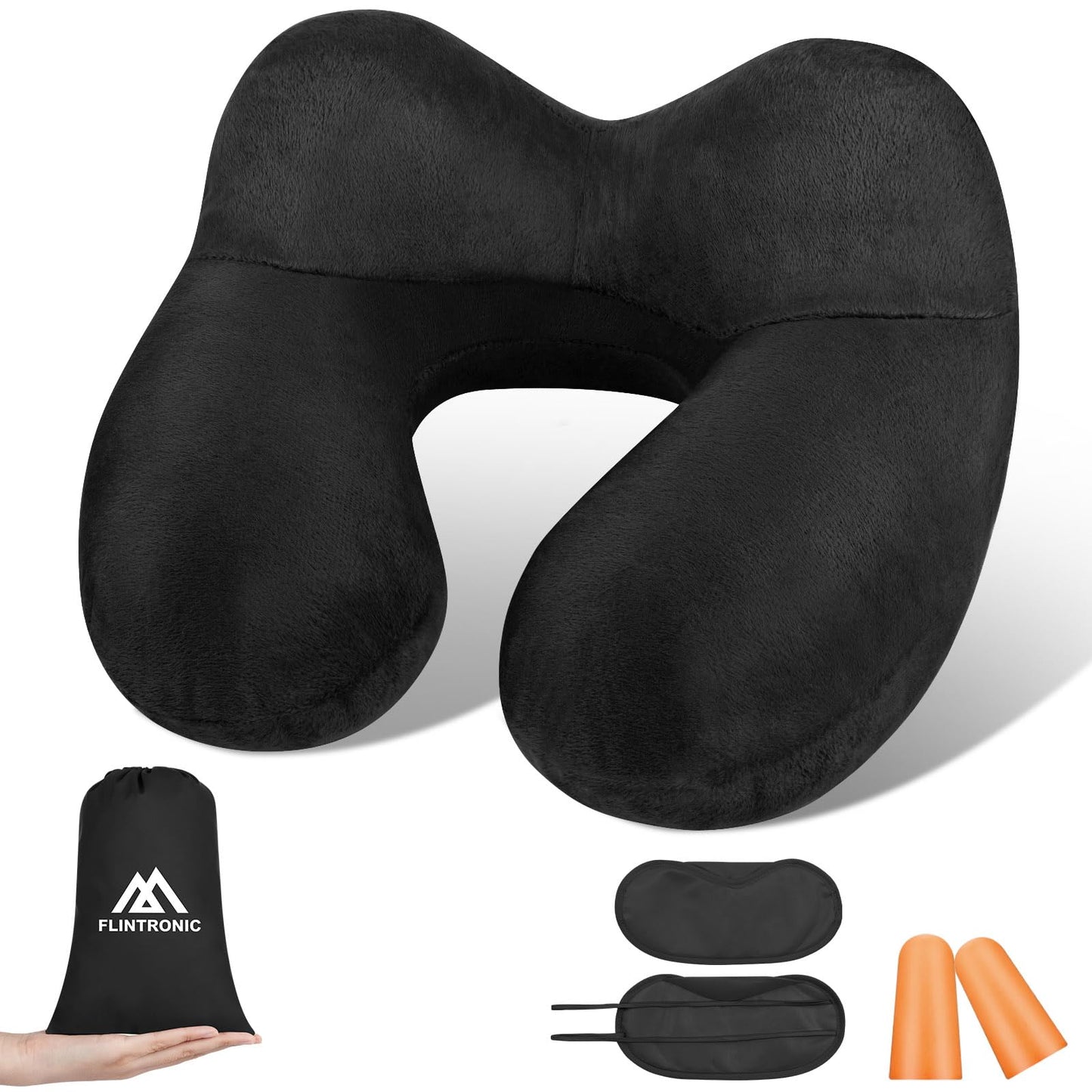 flintronic Inflatable Travel Pillow, Inflatable Travel Pillow for Airplane, Soft Velvet Neck Support, Lightweight Ergonomic Sleeping Neck Pillow for Airplane, Train, Car, Office (Black)