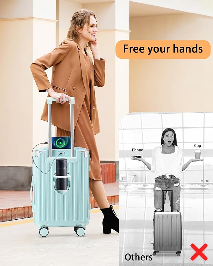 20 Inch Carry On Luggage With Cup Holder & USB Port, Airline Approved TSA-locked Luggage, Lightweight PC Material Travel Suitcase With 360° Spinner Wheel (20in-Blue, 20in)