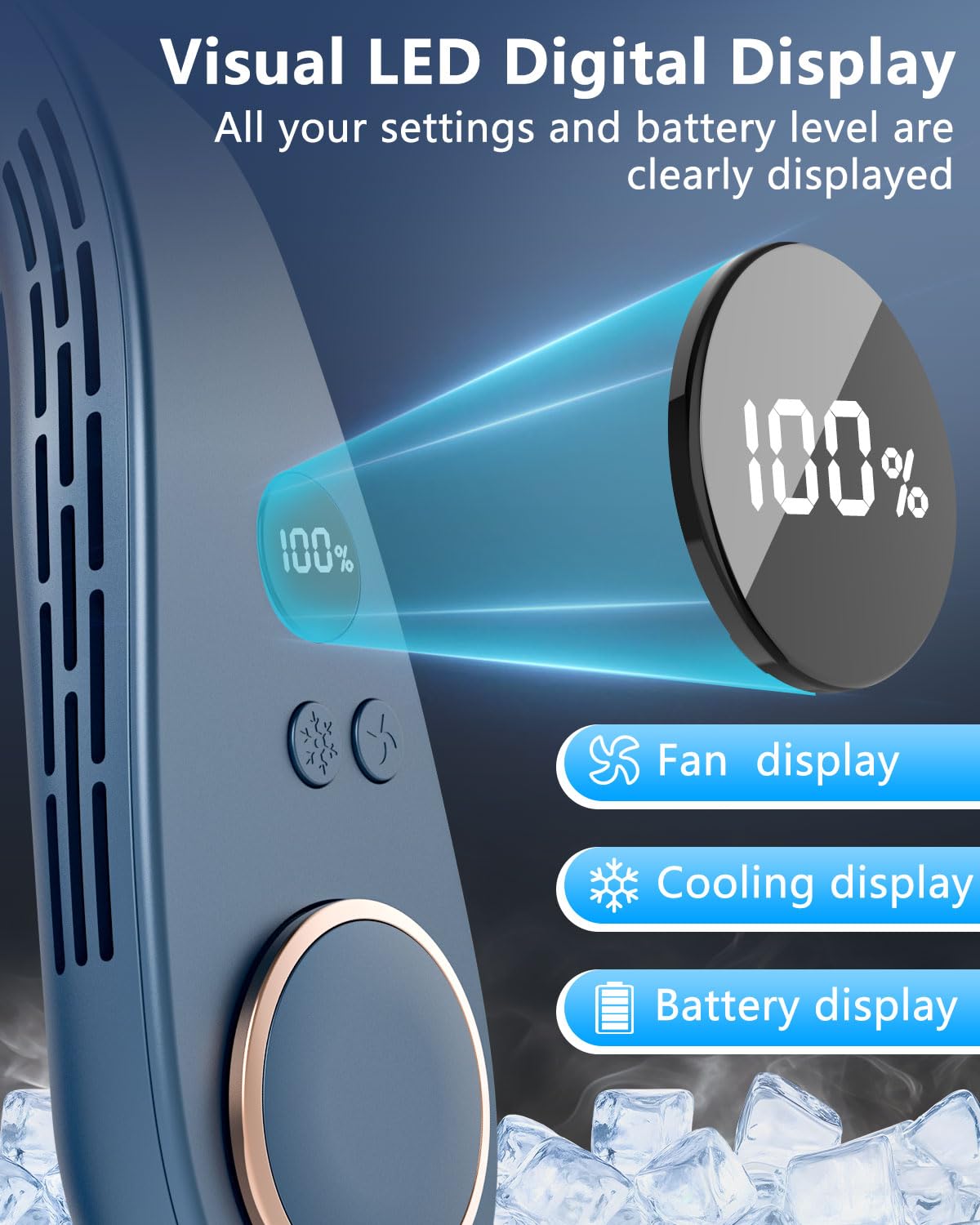 Neck Fan with Cooling Plate,5500mAh Neck Fans that Blow Cold Air Rechargeable Battery Operated,USB-C Bladeless Air Conditioner Cooling Plate AC Cooler,Quiet Head Wearable Hangs Around Neck Device Blue