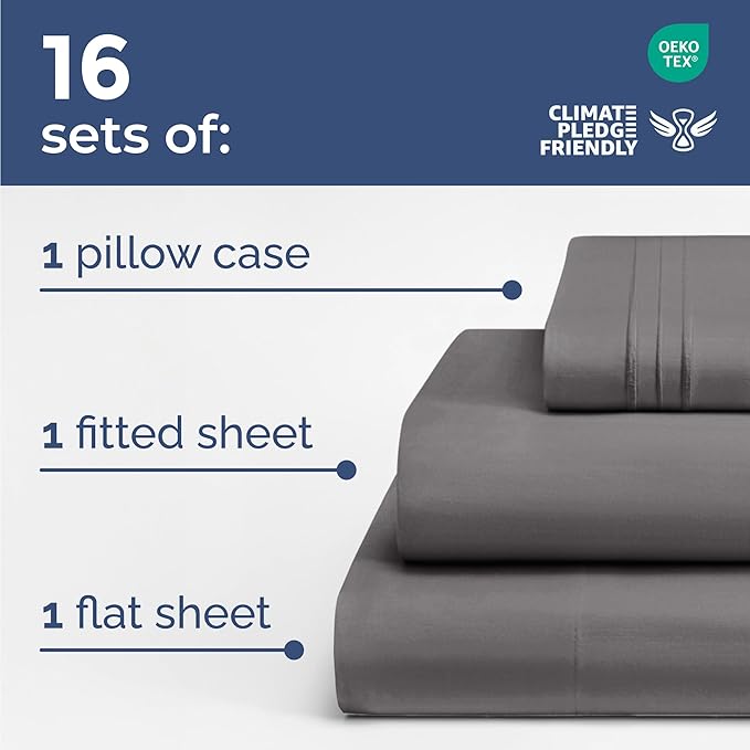 Bulk Case Pack of 16 Sheet Sets - (16) Complete Twin Size Sheet Sets w/ Deep Pockets - Wholesale Bulk Bedding for Hotels, Spas & Airbnbs - Breathable, Cooling, Soft & Wrinkle Free - (Twin, Dark Grey)