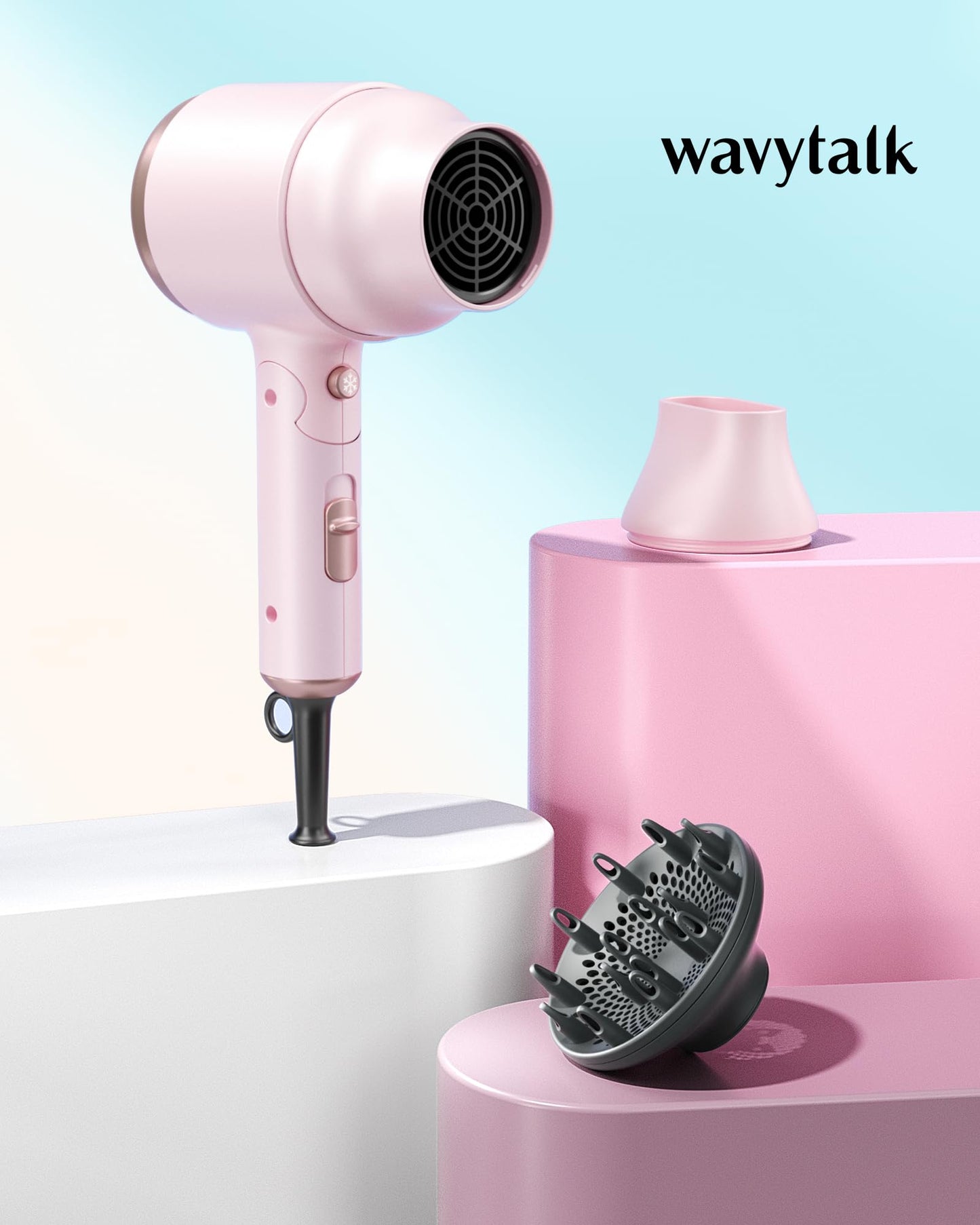 Wavytalk Blow Dryer with Diffuser, Mini Hair Dryer with Folding Handle, 1600W Quiet Lightweight Hairdryer with Diffuser Compact Design, Pinky White
