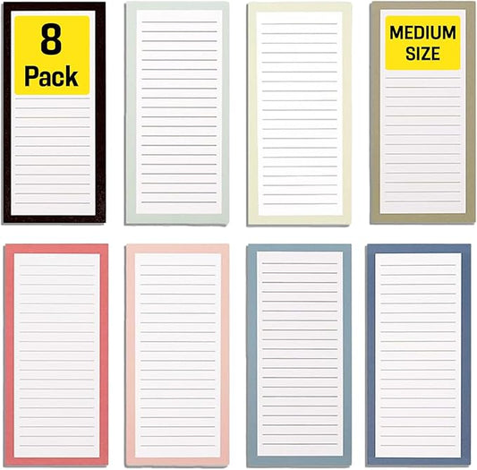 8 Magnetic Notepads – Notepads for Grocery List, Shopping List, To-Do List, Reminders -Strong Magnetic Back- Memo Notepad with Solid Pattern Designs | 25 Sheets per Pad 7.5 x 3.5 inch (8 Pack)