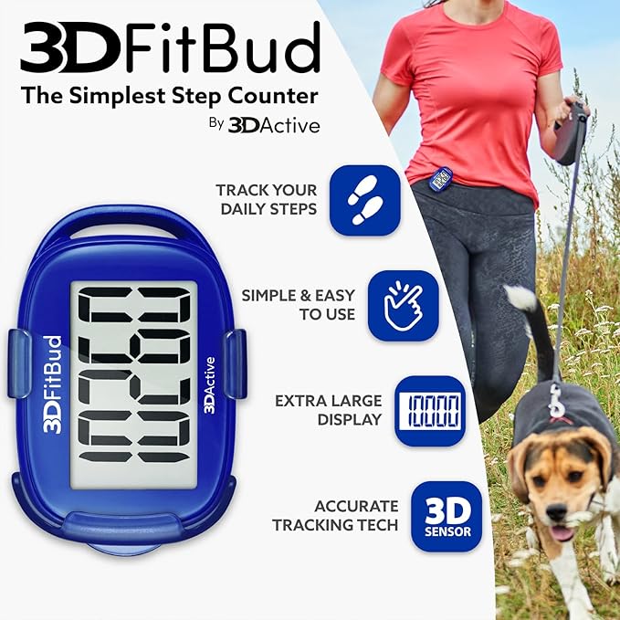 3DFitBud Simple Step Counter Walking 3D Pedometer by 3DActive with Clip, Lanyard Accurate Fitness Tracker for Men, Women & Elderly Daily Exercise - A420S
