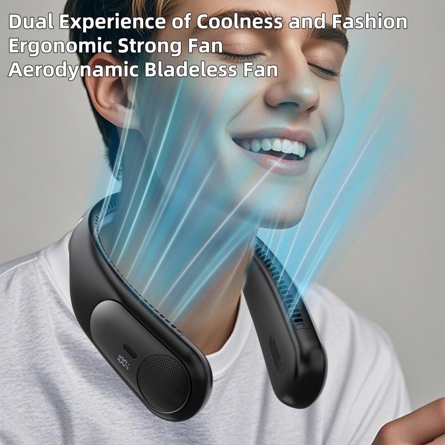 Namecute Portable Neck Fan,Personal Wearable Bladeless Fan,LED Display,4-Speeds,6000mAh USB Rechargeable,360° Strong Cooling Wind,Hands Free,Long Lasting,Birthday Gifts for Men Women Dad Mom (Black)