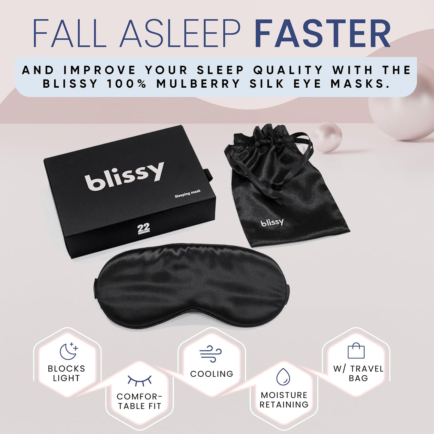 Blissy Silk Sleep Mask - Silk Eye Sleeping Mask for Women & Men for Total Blackout - Silk Eye Mask - 100% Pure Mulberry Silk, 22 Momme 6a Fibers - Blindfold Silk Sleep Mask Side Sleeper Eye Cover