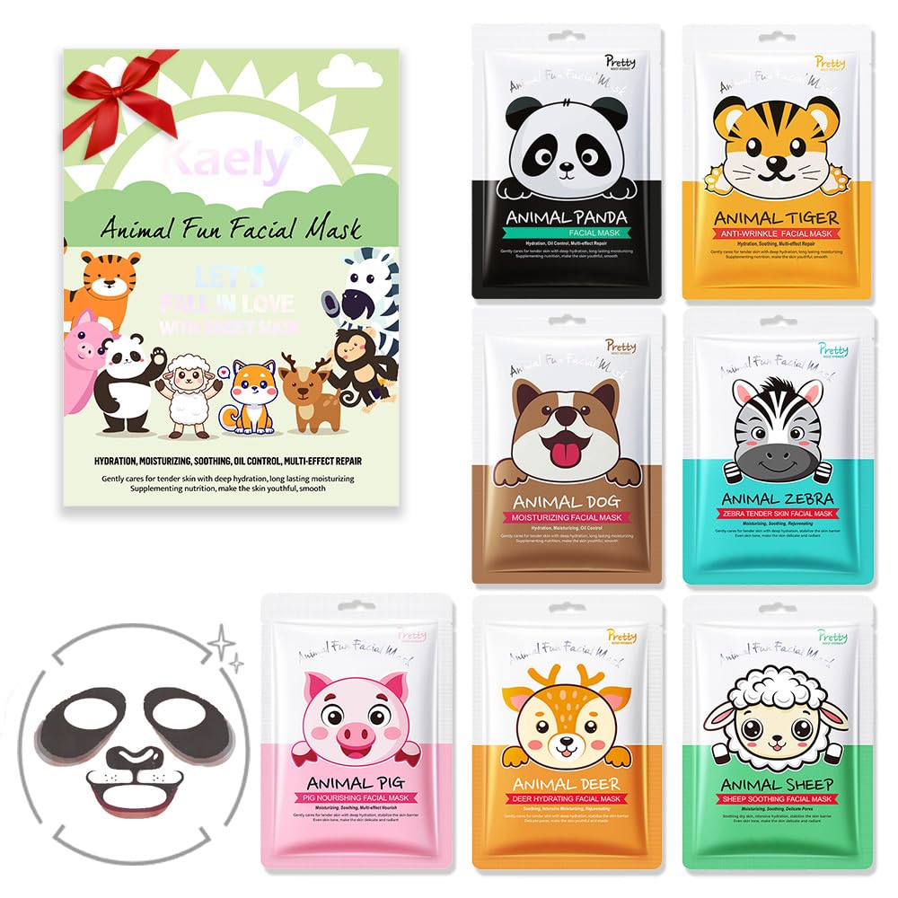 Kaely 7 Pack Kids Face Mask Spa, Animal Face Masks for Kids Teens Women Skincare, Animal Character Sheet Facial Mask for All Skin Types, Girls Night Party Skin Care Set, Birthday Christmas Gifts, 01B