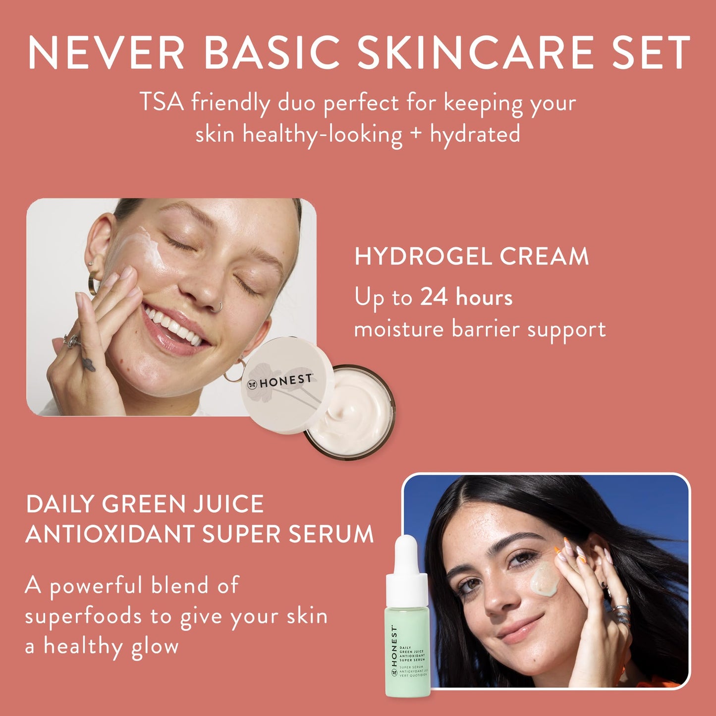 Honest Beauty Never Basic Skincare Duo | Mini Hyaluronic Acid Infused Hydrogel Cream (0.57 fl oz) + Mini Green Juice Antioxidant Serum (0.4 fl oz) | EWG Verified, Vegan + Cruelty Free
