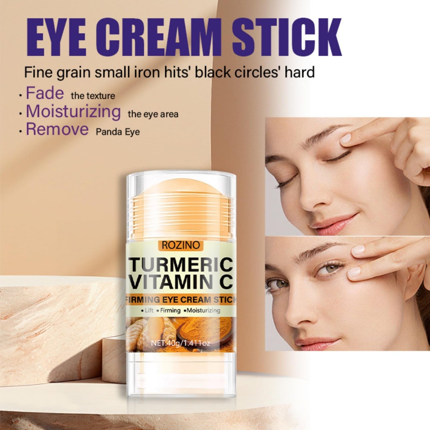 Turmeric Vitamin C Eye Stick, Unde Eye Balm for Dark Circles and Puffiness Anti Aging Moisturizer Under Eye Cream Even Skin Tone Firming Hydrating Bags Reduces Fine Lines 1.41 Oz