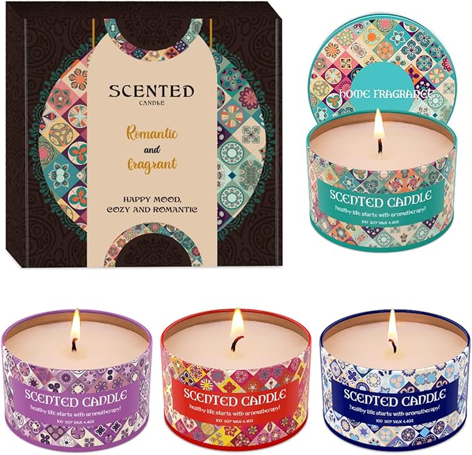 Set of 4 Lavender&Juniper, Fig, Clove and Cherry Scented Candles Gift Set for Christmas Women, Small 4.4oz Decorative Natural Soy Wax Aromatherapy Candles with Lids in Flower Tins for Home Decoration