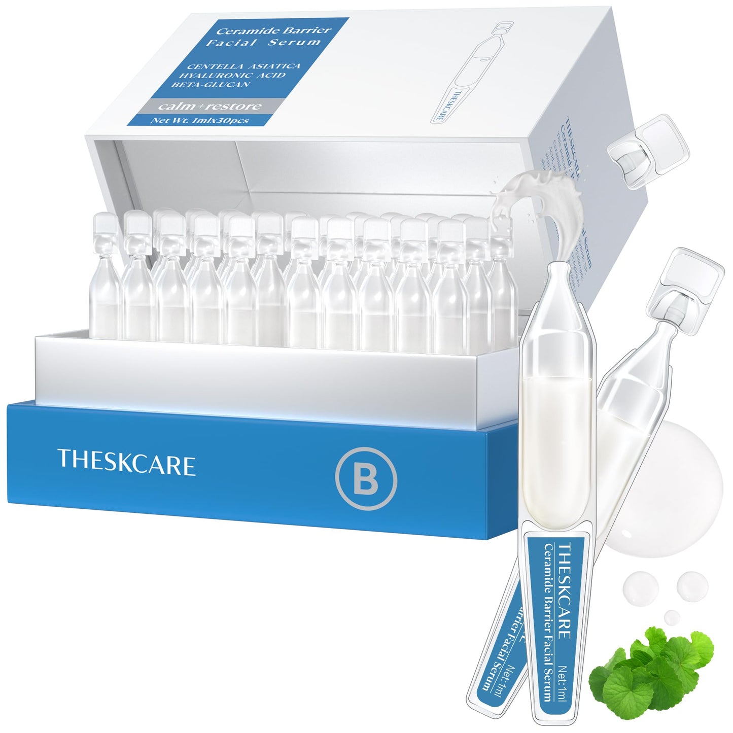 THESKCARE Ceramide Barrier Serum for Face with Hyaluronic Acid,Centella Asiatica & Beta Glucan,Smoothing Facial Serum for Skin Barrier,Redness & Dry Skin,Calming & Hydrating,30 Ampoules