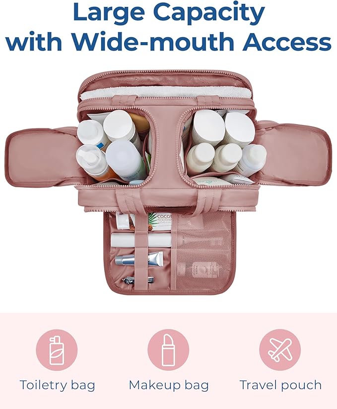 BAGSMART Travel Toiletry Bag, Lightweight Large Wide-open Travel Bag for Women, Puffy Cosmetic Makeup Bag Organizer with Handle for Accessories,Essentials, Toiletries, Dark Pink