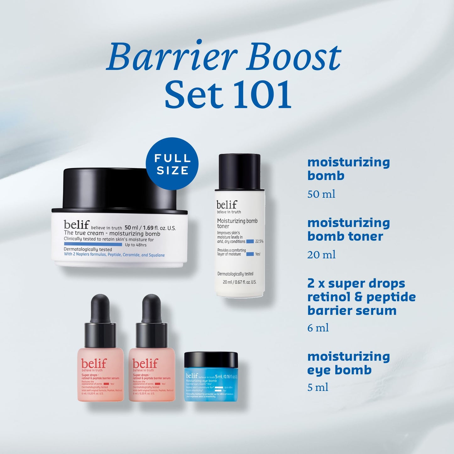 belif Barrier Boost 101 Limited Edition Set: Full Size Moisturing Bomb 50ml & Deluxe Size Moisturizing Bomb Toner, 2x Retinol & Peptide Barrier Serum, Moisturizing Eye Bomb, 5 Piece Kit