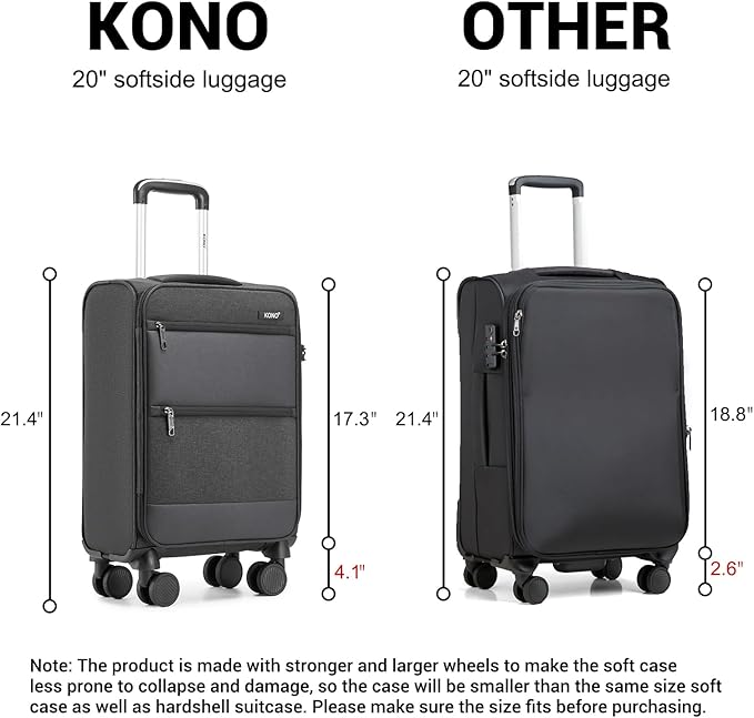Kono 20 Inch Soft-Sided Carry-On Luggage Airline Approved 20" Spinner Wheels Lightweight Waterproof Suitcase with TSA Lock for Business Travel (Small, Black)