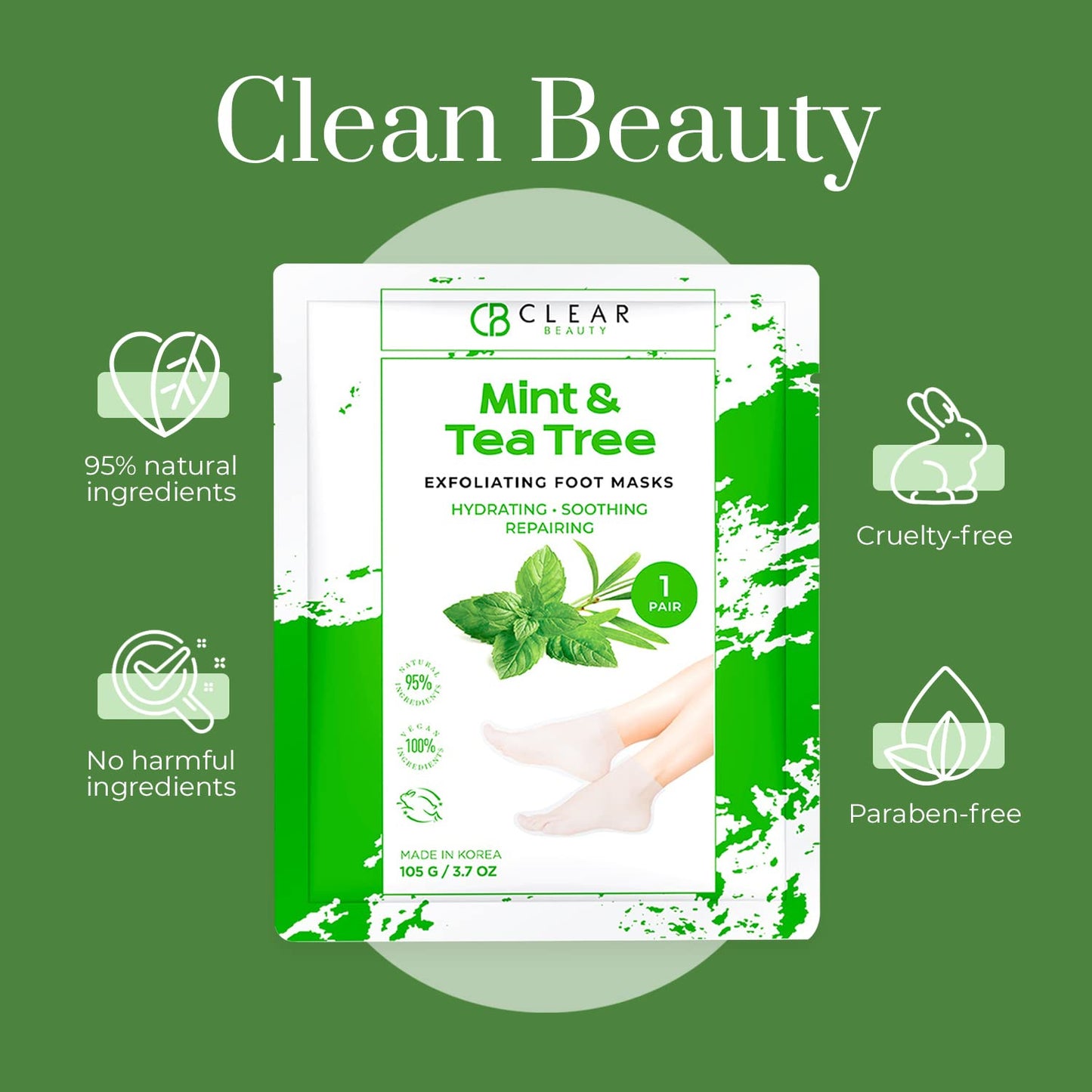 Clear Beauty Mint & Tea Tree Foot Masks Moisturizing Socks - Exfoliating, Hydrating & Revives Cracked Feet - Dermatologist Tested, Clean Beauty & Cruelty-Free Skincare - 3 Pairs