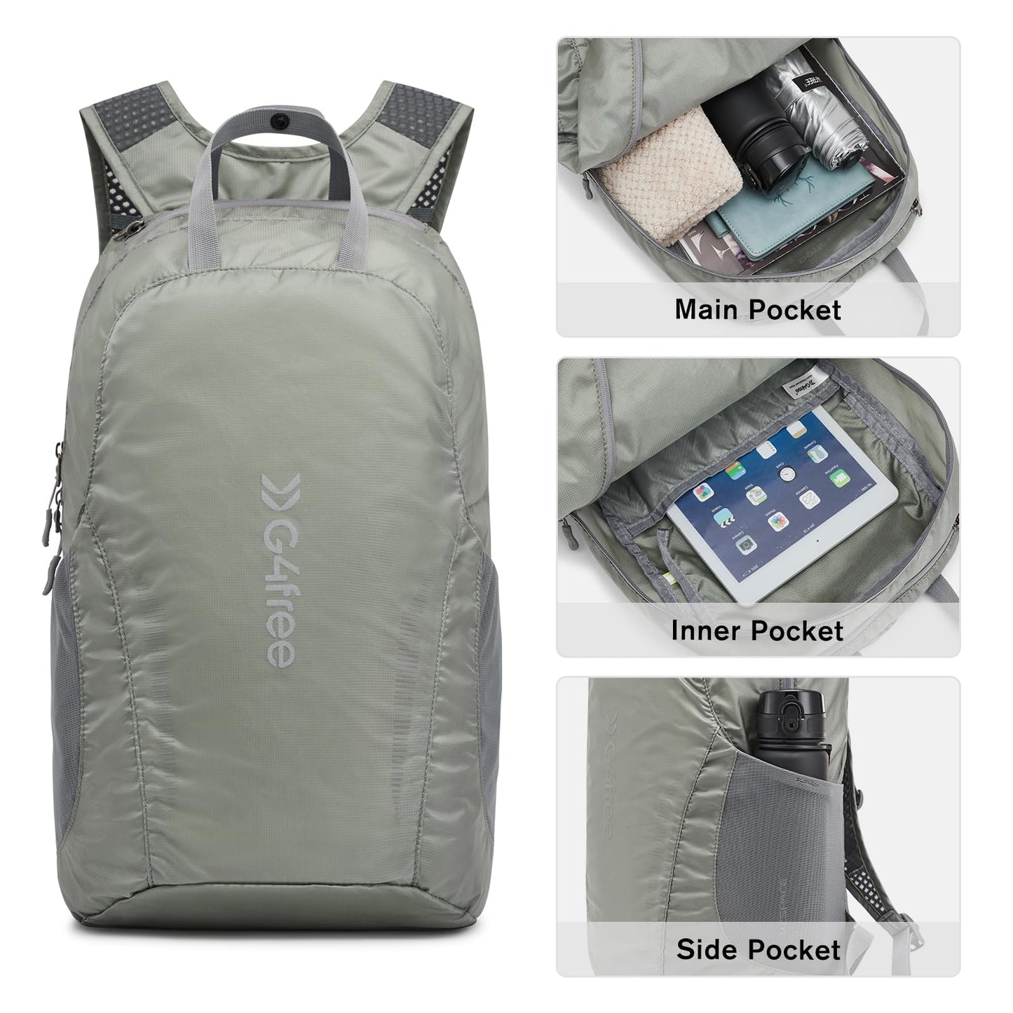 G4Free 25L Lightweight Hiking Backpack Packable Foldable Sport Travel Daypack Water Resistant for Women Men（Grey Green）