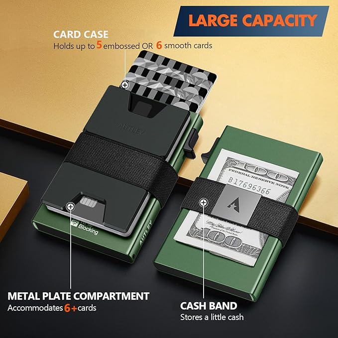 AUTLEY Slim Wallet For Men, Minimalist Mens Wallet Pop Up Wallet, Rfid Blocking Credit Card Holder Wallet with Cash Band (Green)