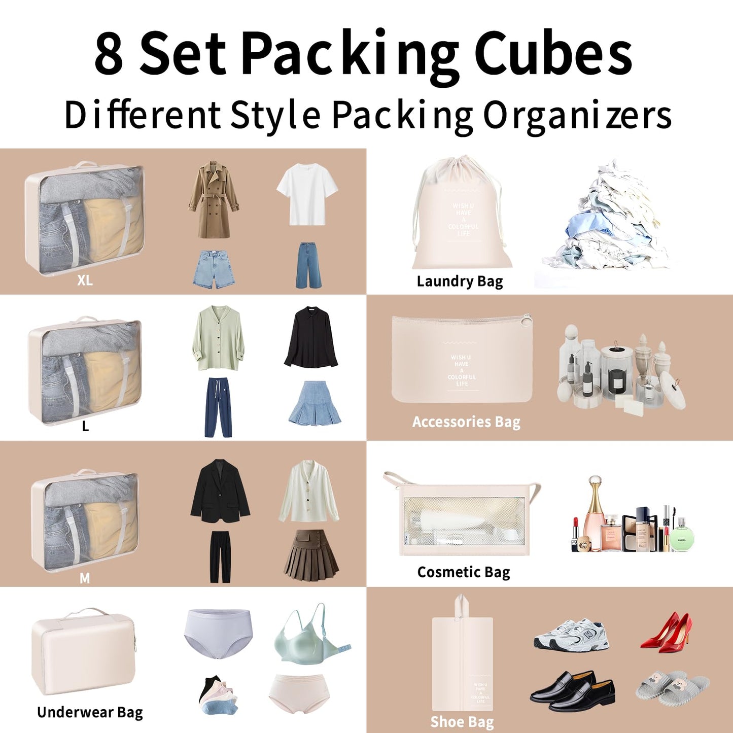 8 Set Packing Cubes for Travel,Packing Cubes Travel Luggage Packing Organizers with Shoe Bag Travel Cubes with Laundry Bag Luggage Organizer Bags for Travel Essentials