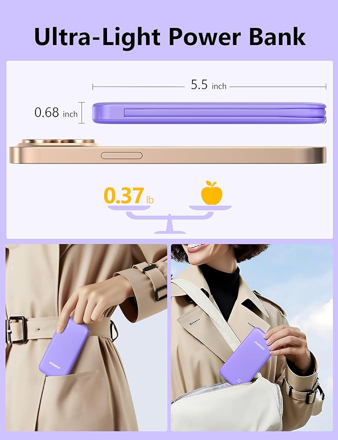 Alongza Portable Charger Built-in Cables and AC Wall Plug, Slim Fast Charging Power Bank 10000mAh, Lightweight USB C External Battery Pack Compact Travel Cell Phone Charger